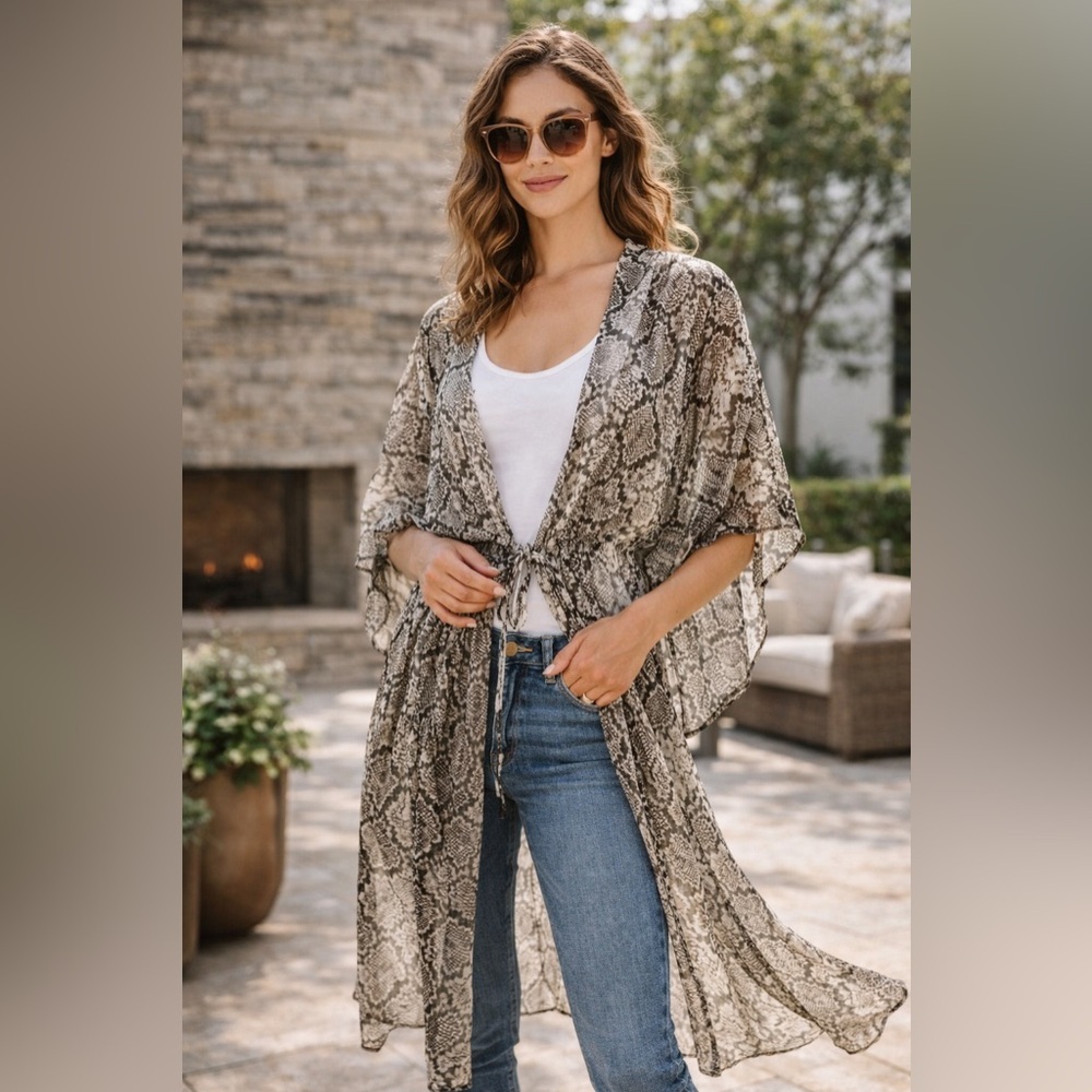 Anthropologie Elizabeth Gillett Elegant Snake Print Kimono Sheer Tie waist OS